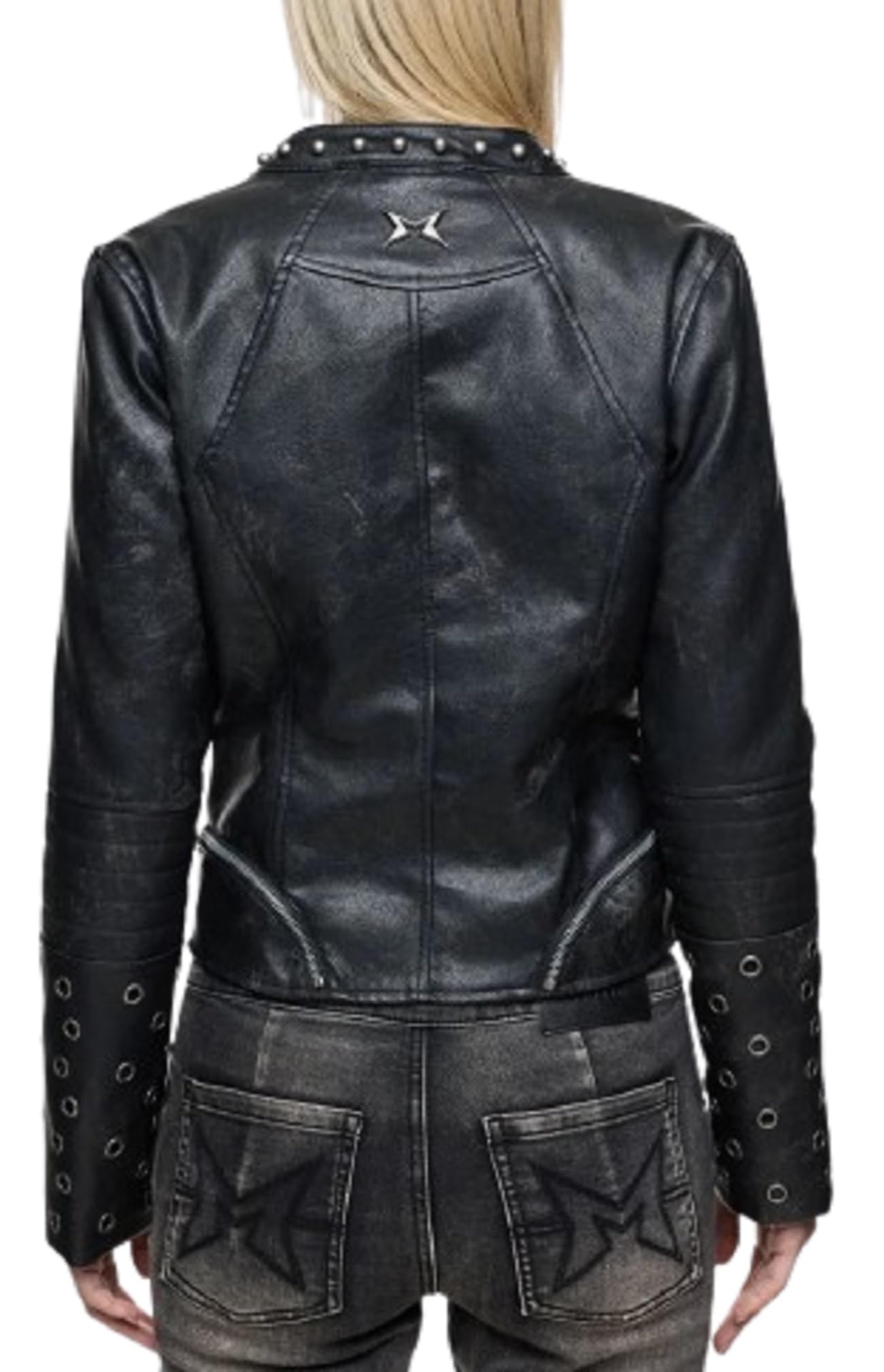 Giacca da motociclista in pelle nera borchiata da donna, slim fit, stile punk rock, stile moto