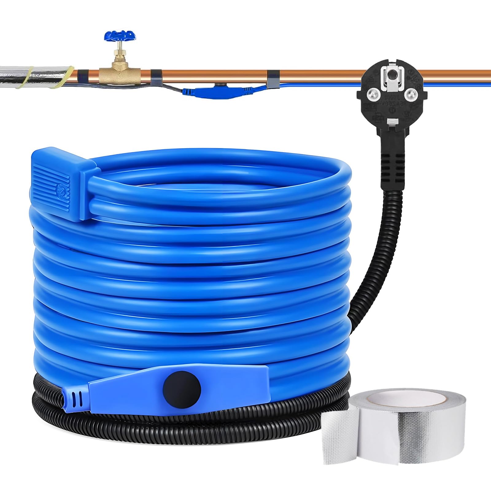 Câble chauffant antigel 12 m autorégulant avec thermostat 25 W/m pour tuyaux métal/plastique