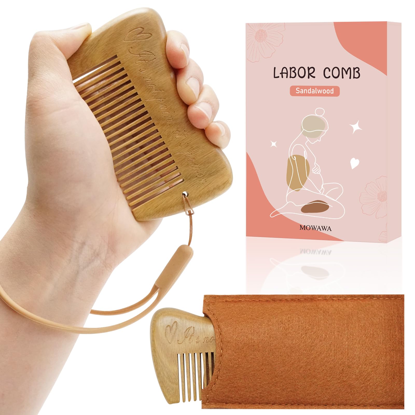 Sandalwood Birthing Comb For Labor Pain Relief & Delivery - Labour Gifts with Birth Affirmation For Women- Wood Comb For Pregnancy Contraction
