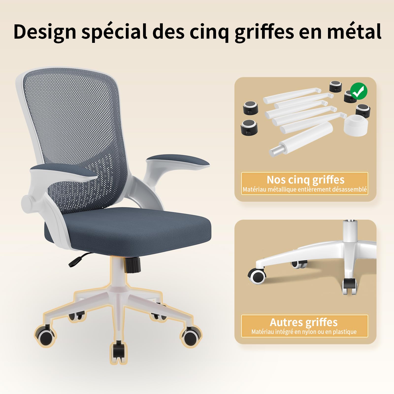 naspaluro Chaise de Bureau, Chaise de Bureau Ergonomique avec Accoudoirs Rabattables À 90°, Soutien Lombaire Unique, Maille Respirante, Siège Pivotant À 360° avec Fonction Swing, Gris Foncé
