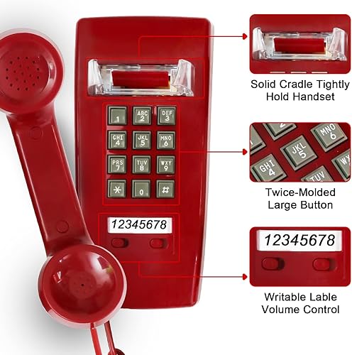 Miniatura 4 de Sangyn Teléfonos de pared retro para teléfono fijo con timbre mecánico fuerte, teléfono vintage de montaje en pared con volumen ajustable a la