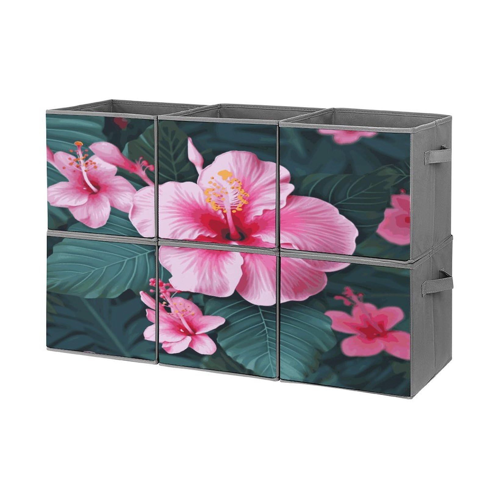 Btcowzrv Style Hawaii Pink Flower Storage Cubes, 6 Pack Oxford Fabric Foldable Collapsible Bins With Handles, Cubby Storage Baskets Boxes For Closet Shelves Office Organization