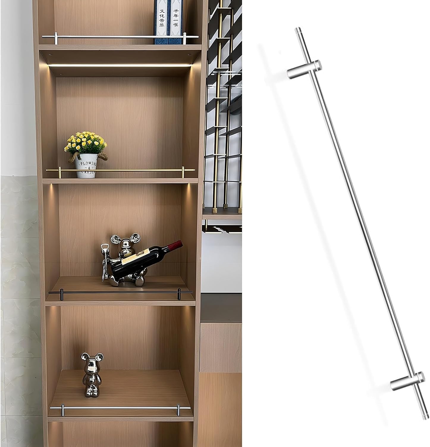 Usknxiu Metal Shelf Rail for Wood Shelves, 42 41 40 39 38 36 30 28 24 20 16 14 12 10 8 Inch Aluminum Alloy Anti-Fall Guard Fence, Brass Rails for Shelves and Kitchen Cabinets,Silver,26in/66cm,6