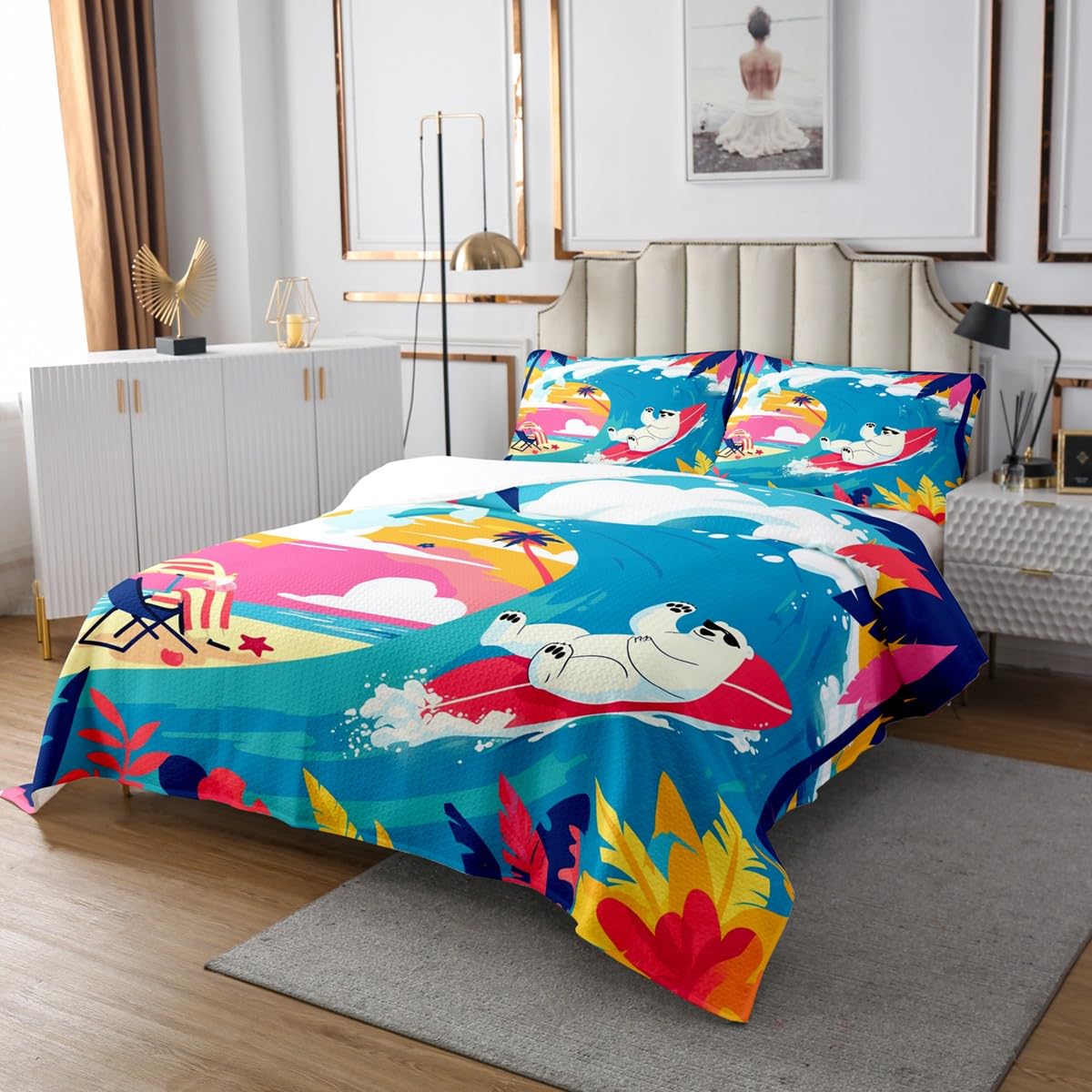 Castle Fairy Surfing Polar Bear Bedspread King Size Hawaiian Summer Beach Coverlet Set Kids Bedroom Present Summer Vacation Decor Bedding Set Palm Trees Silhouette Bedding with 2 Pillowcases