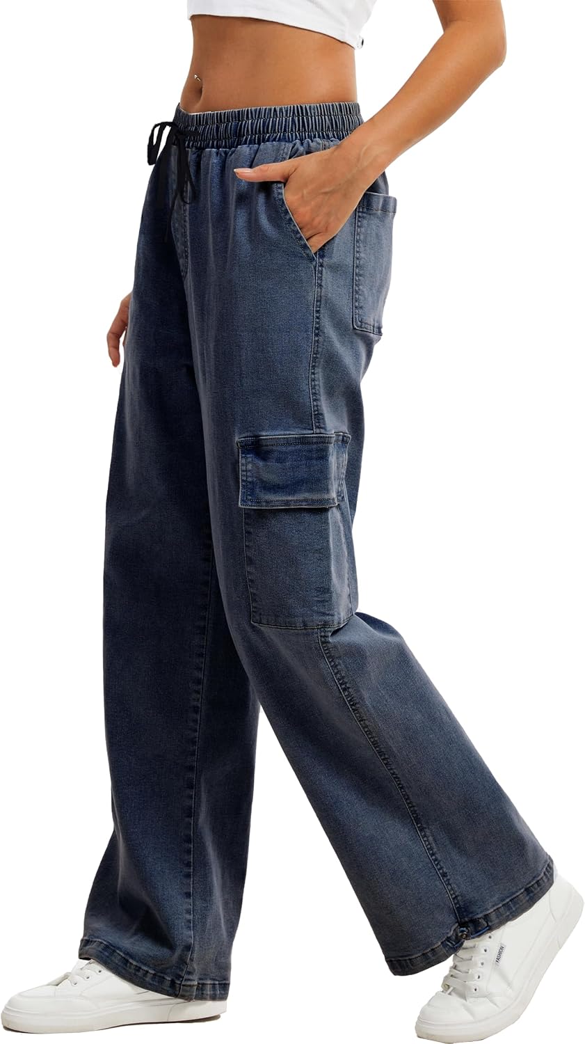 HVEPUO Womens High Waisted Cargo Pants Y2K Baggy Wide Leg Casual Stretchy Jeans for Women Streetwear Pull On Trousers Pants image 2