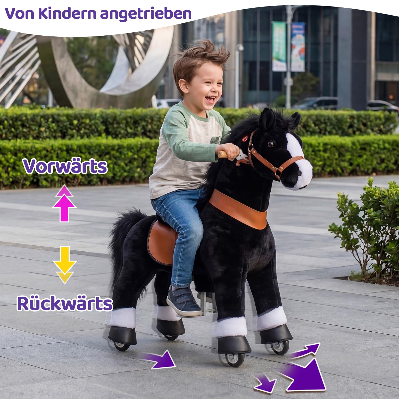 PonyCycle® Reitpferd auf Rollen | für Kinder 4–7 Jahre, 89cm | Schwarzes Plüsch Reitpferd mit Handbremse & Klang | Schaukelpferd, Stehpferd, Indoor & Outdoor | Klassisches Modell U – Ux426