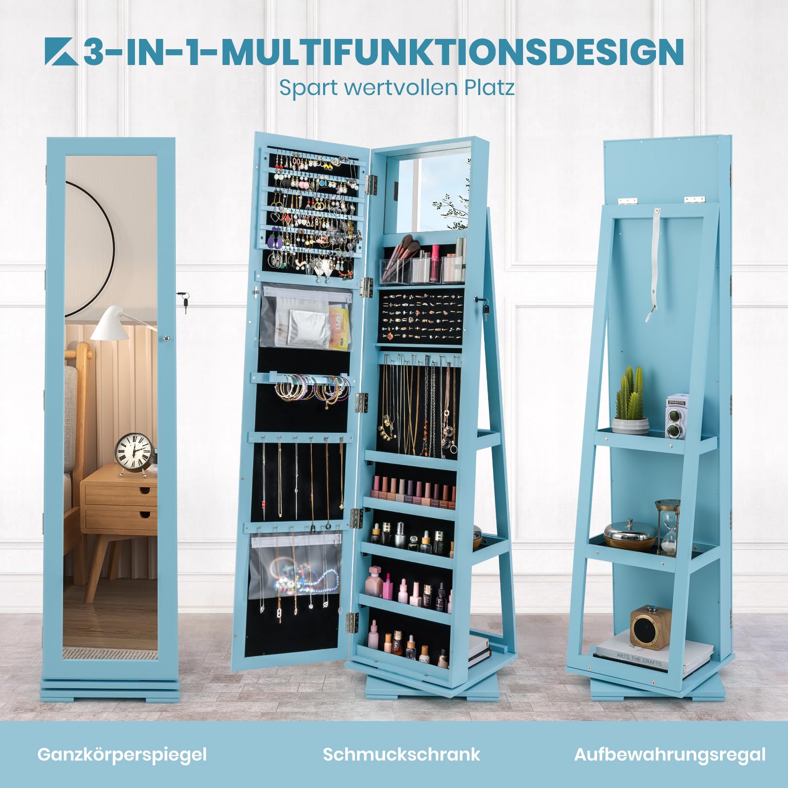 GOPLUS 3 in 1 Schmuckschrank mit spiegel, Spiegelschrank stehend, 360°drehbar, abschließbar, Standspiegel Schmuck Organizer mit großem Stauraum & Ablagefächern für Schlafzimmer (Blau)