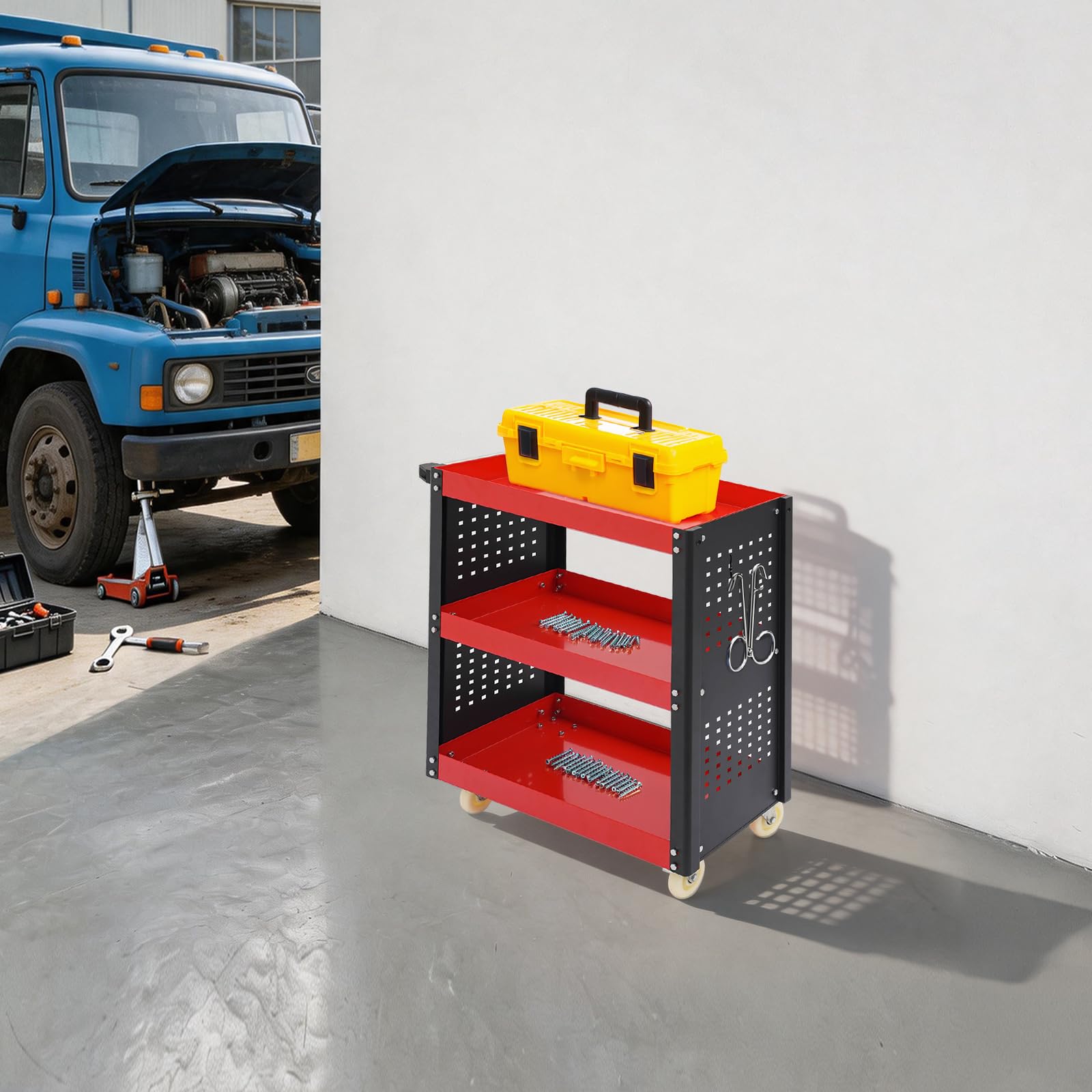 Carrello portautensili a 3 livelli in acciaio con ruote e parete forata | 3 ripiani, 4 ruote, 2 freni di stazionamento, maniglia laterale, 86,95 x 39 x 98,75 cm, officina, garage, magazzino