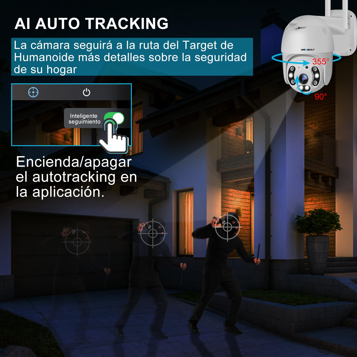 GENBOLT 2.5K Cámara Vigilancia WiFi Exterior con PTZ PoE Cámara | Seguimiento Automático, Detección Humana, Visión Nocturna a Color, Sirena Activa Alarma, CCTV