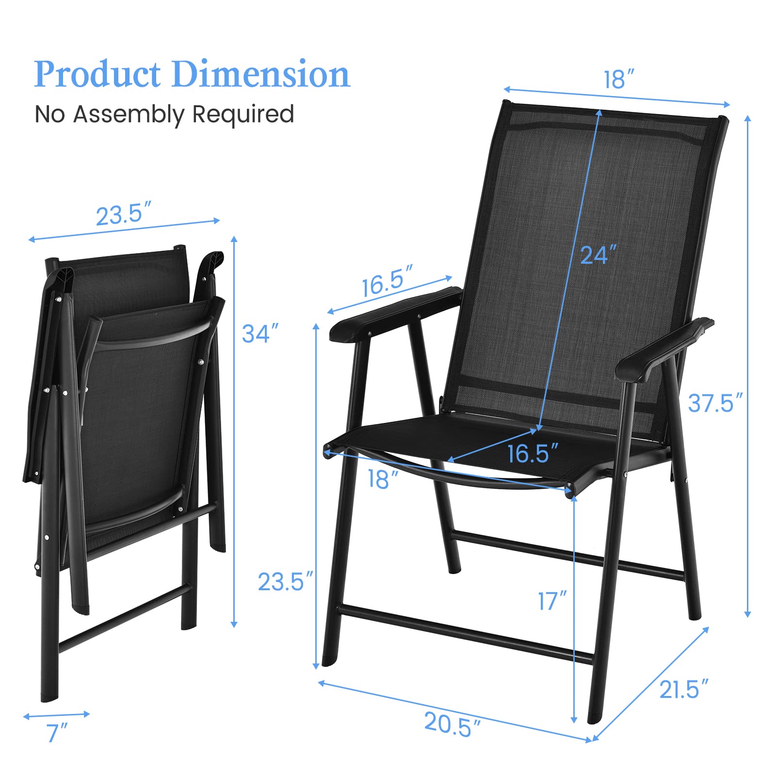 GIANTEX Lot de 2 Chaises Pliantes Exterieures, Chaises de Jardin en Tissu avec Accoudoirs, Cadre en Métal, Charge 150 kg, Fauteuil de Jardin Pliables pour Patio, Piscine, Pas d’Assemblage, Noir