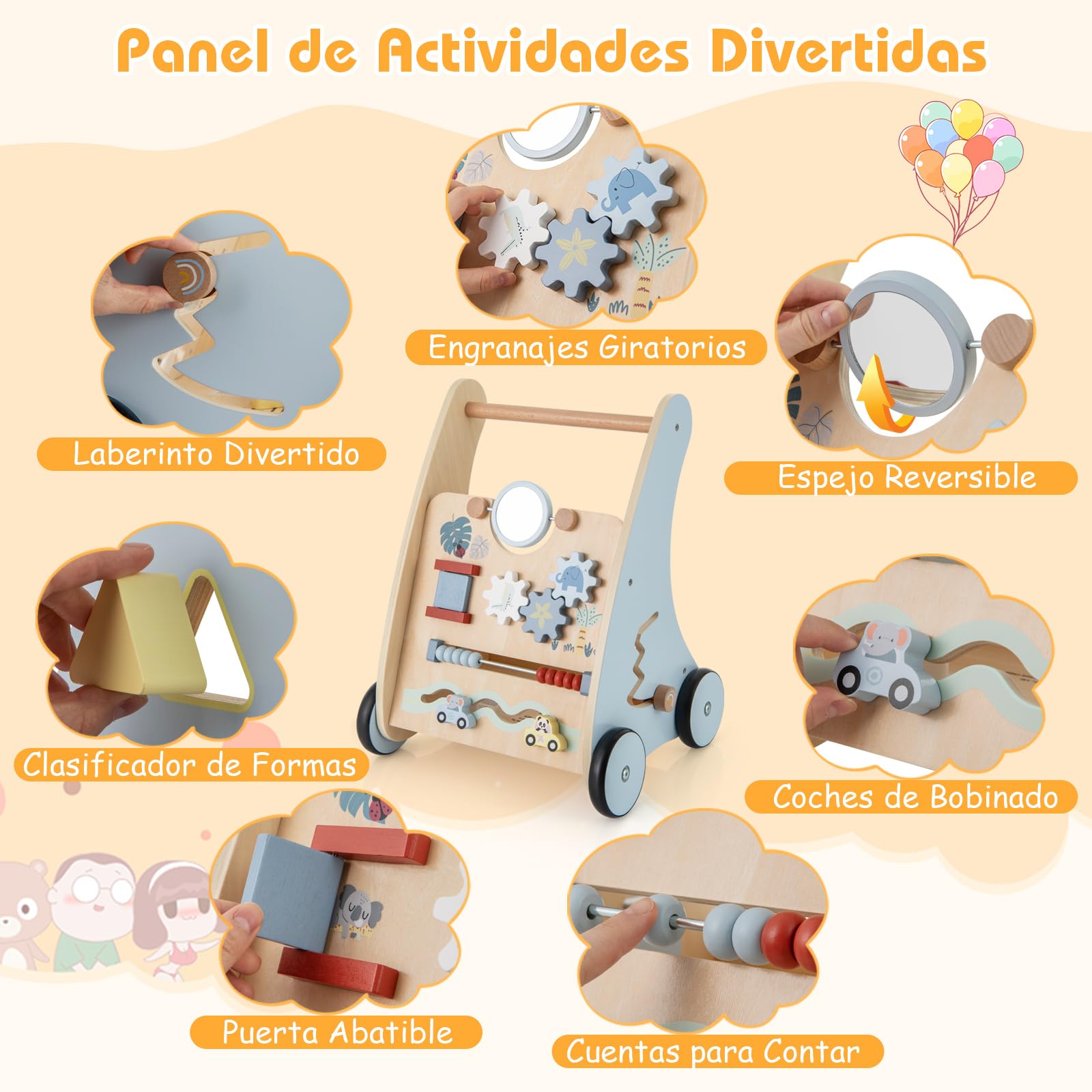 COSTWAY Andador Bebés de Madera, Andador de Aprendizaje para Empujar de Actividades Múltiples, Juguetes de Actividad con Almacenamiento, Juguete para Caminar para Niños