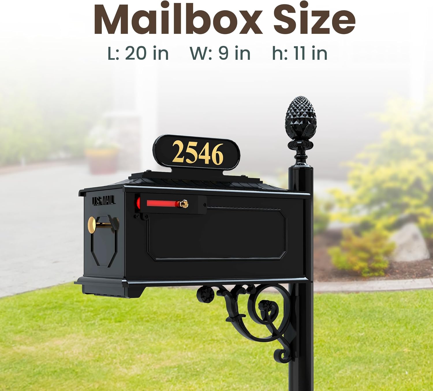 ADDRESSES OF DISTINCTION Emerson Black Mailbox with Address Plaque, Flag, and Numbers Included Complete Luxury Mailbox and Post Combo Kit (Emerson)