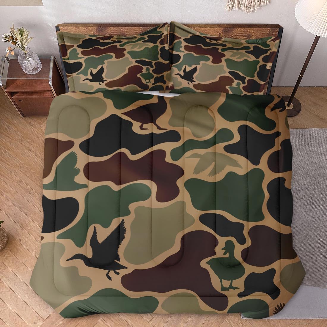 Comforter Set with 2 Pillowcases Full Size, Duck Hunter Camouflage Hunting Birds, Bedding Decor Green Military Army Camo for Kids and Adults, Soft Cozy Bedroom Bed Set - Image 6