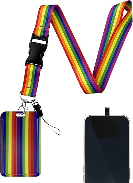 Aocar Lanyard with Hard Card Case, Neck Strap with ID Badge Holder and Phone Tether Pad for Offices, Keys, Wallet (Rainbow)