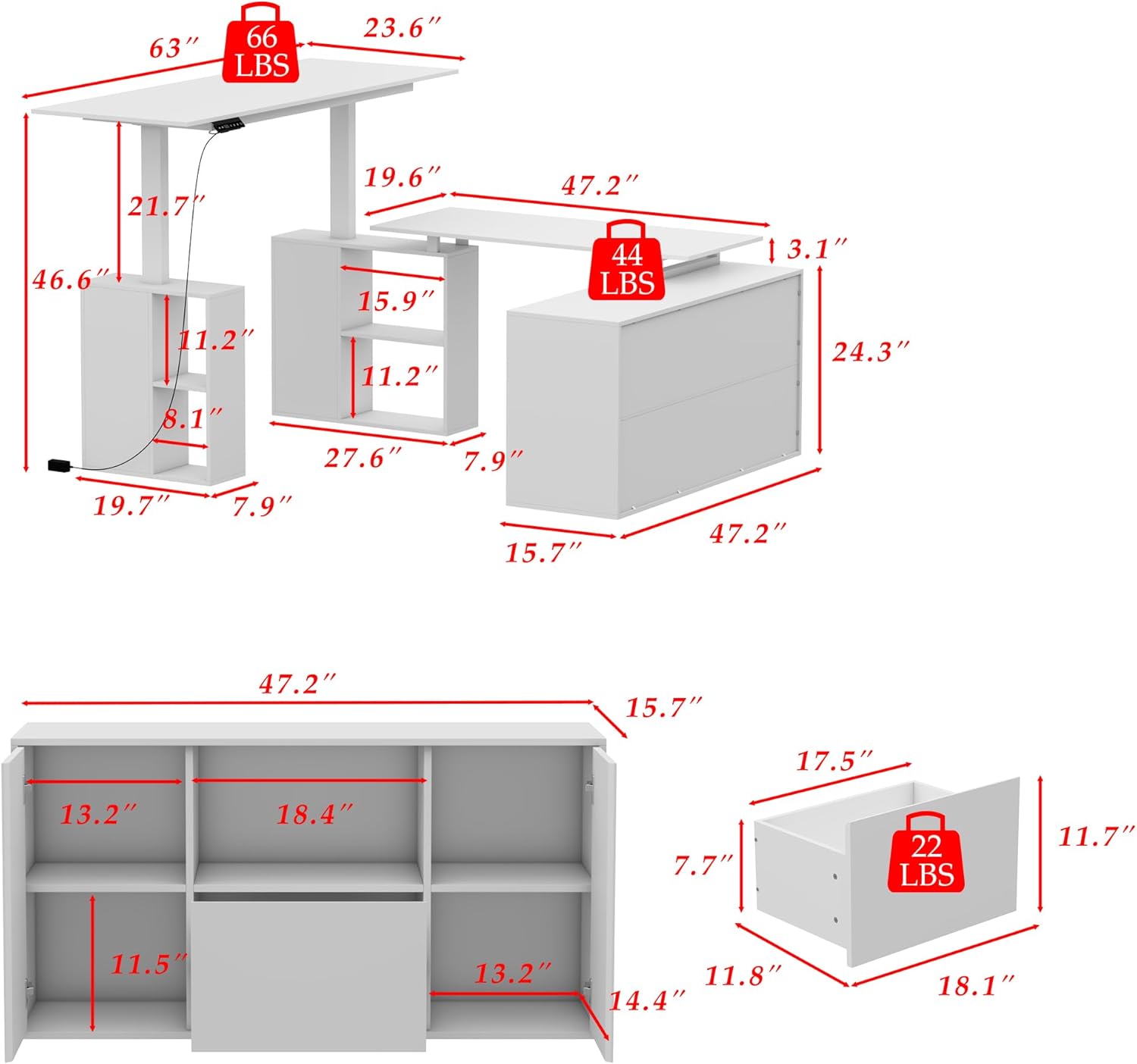 WOODTIME U-Shaped Electric Standing Desk with Drawer, Doors & Open Shelves, Height Adjustable Home Office Computer Stand up Desk with Storage, White