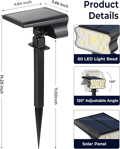 Miniatura 2 de HGGH Luces solares para exteriores, impermeables, IP67, 60 LED, 3 modos de iluminación, luces solares para exteriores, para patio, jardín, camino,