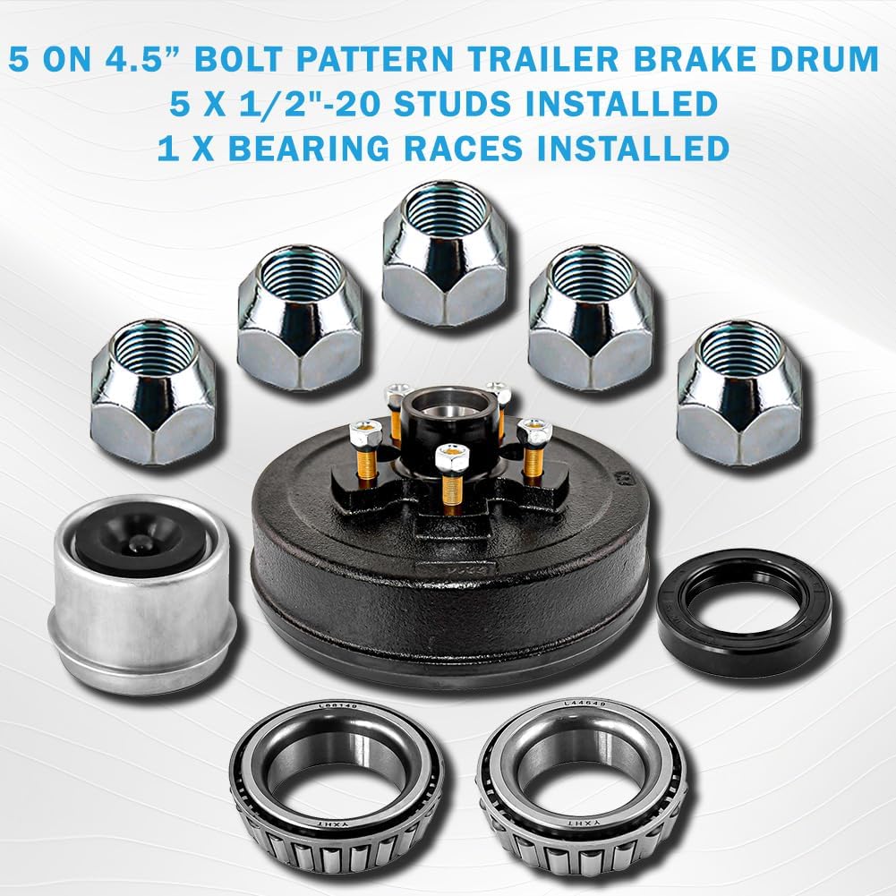 5 on 4.5" Trailer Brake Drum,10" x 2-1/4" Trailer Brake Drum Kit for 3500lbs Traler Axle with L68149/L44649 Bearing and 1/2-20" Nuts - 22001K 008-247-05, 84546