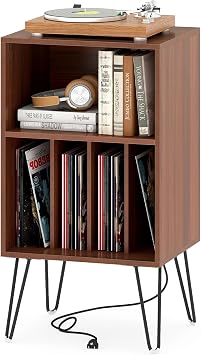 Tangkula Record Player Stand, 3-Tier Turntable Stand with Charging Station & Sturdy Metal Legs, Vinyl Storage Cabinet Holds Up to 150 Albums, Display Shelf for Living Room, Bedroom Walnut