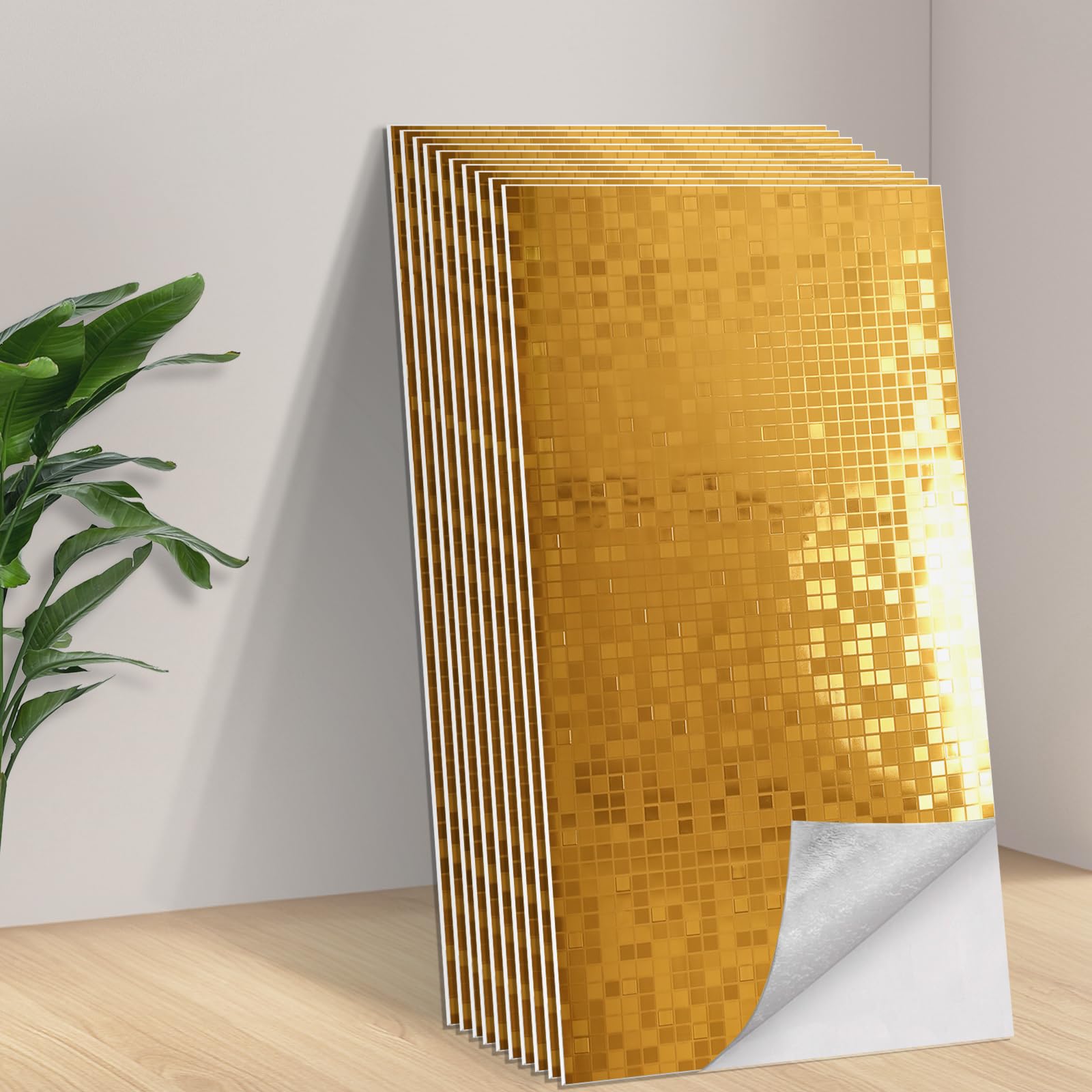 Tarwanear Self Adhesive Tile Stickers 10pcs/60x30cm Peel and Stick Wall Tiles for Kitchen Bathroom PVC Mosaic Gold Wall Stickers Waterproof Reflective Stick on Backsplash for Home Decor — image 1