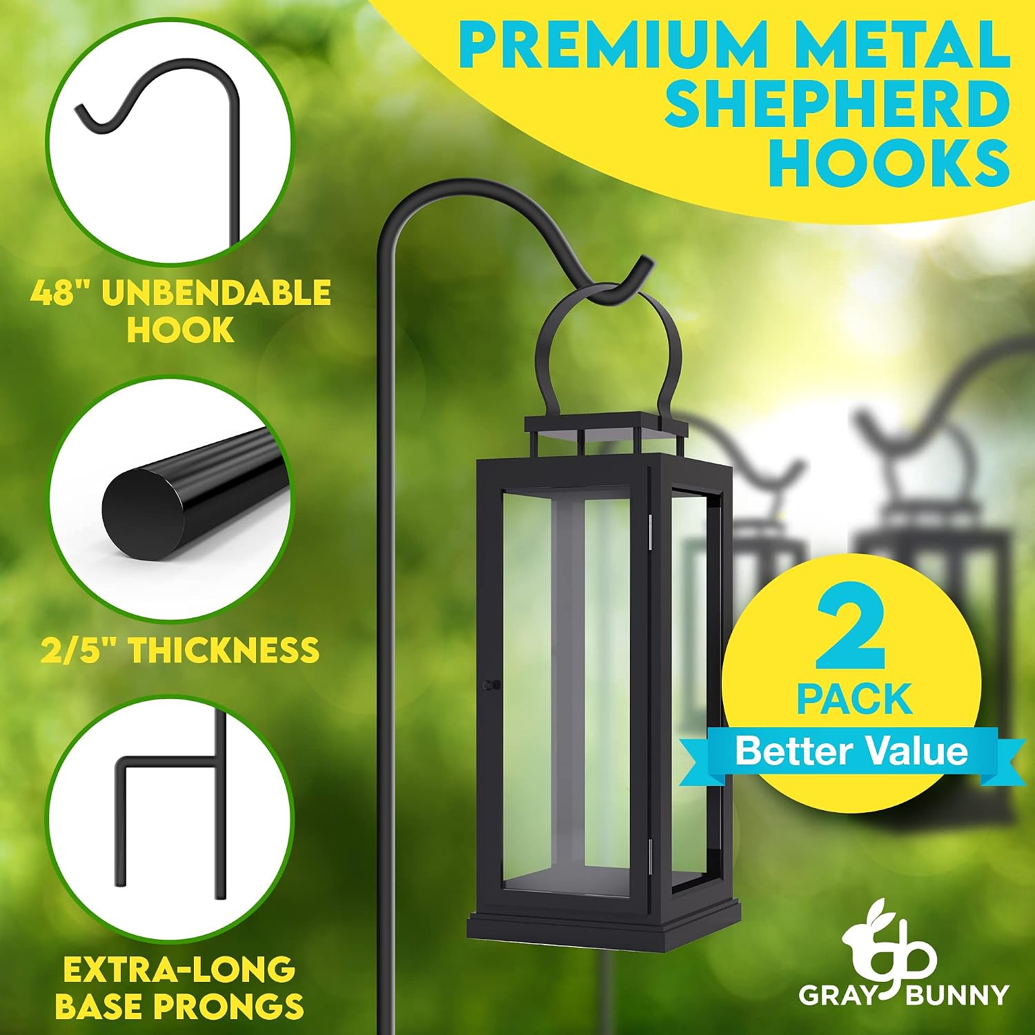 Shepherd Hooks for Hanging Plants - 2 Pack - 48" Heavy Duty Garden Hooks for Hanging Plant Baskets, 2/5" Thick Non Hallow Bird Feeder Poles -Black
