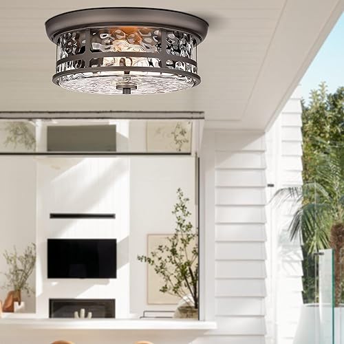 Miniatura 8 de Lámpara de techo empotrada para comedor, casa de campo con 2 luces cerca del techo con vidrio de burbujas para sala de estar, pasillo, dormitorio