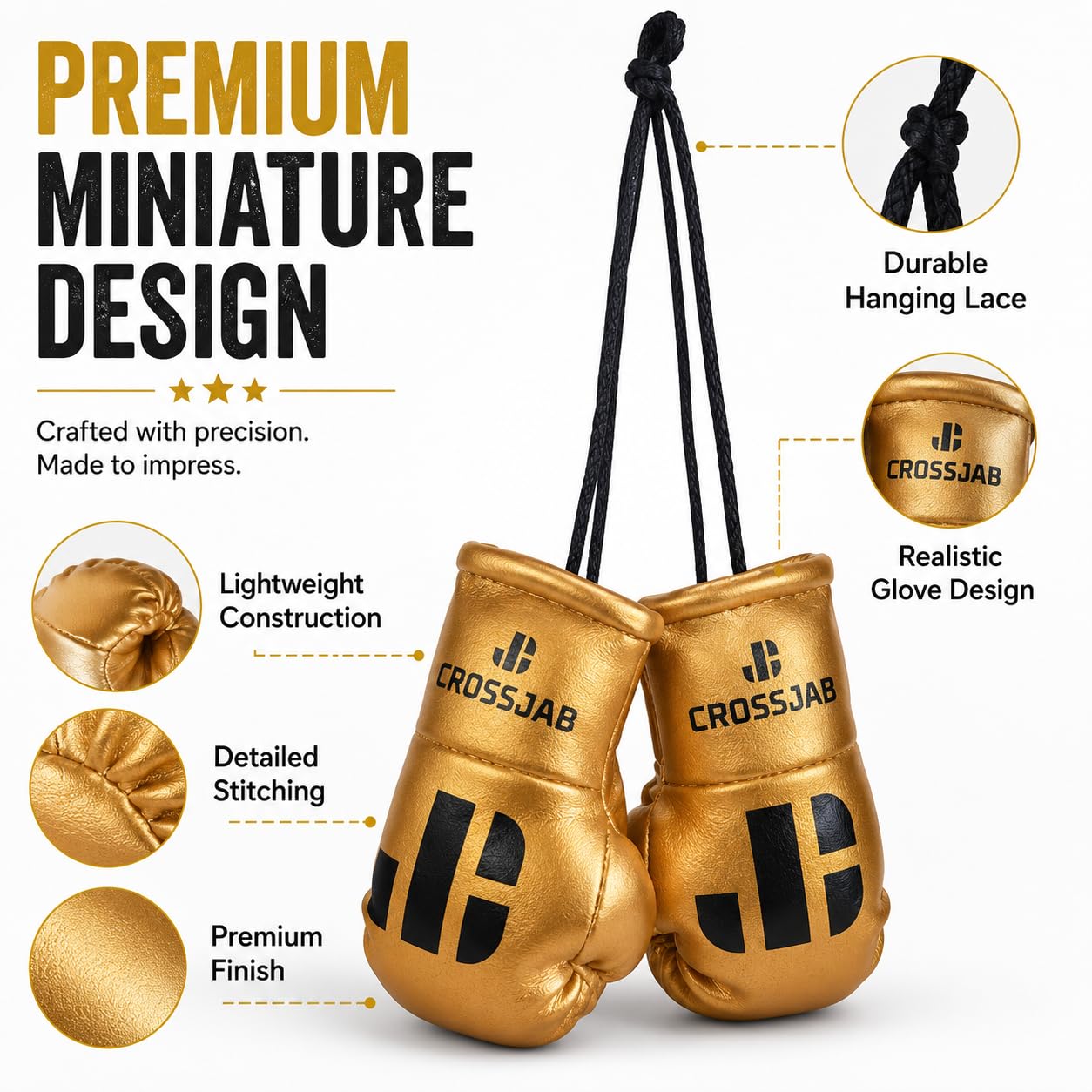 Boxe Mini Voiture Suspendu Gants de Boxe Miniature avec Lacets pour Rétroviseur ou tout autre endroit (Doré)