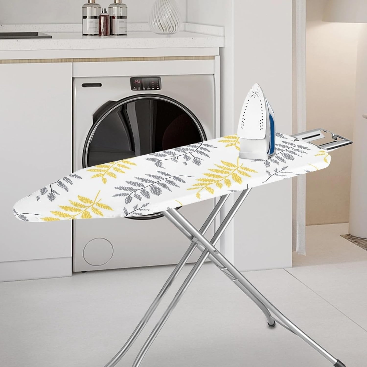 Ironing Board Cover 14x48 Gray Yellow Bar Iron Board Cover with Padding Heat Reflective,Scorch Resistant Thick Padding,Snug Fit Non-Slip Nose Pocket Fastener Straps Elastic Edges