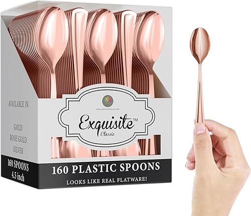 Cucharas de té de plástico de oro rosa resistente, 160 piezas de cubiertos de plástico de oro rosa resistente, juego de cubiertos desechables