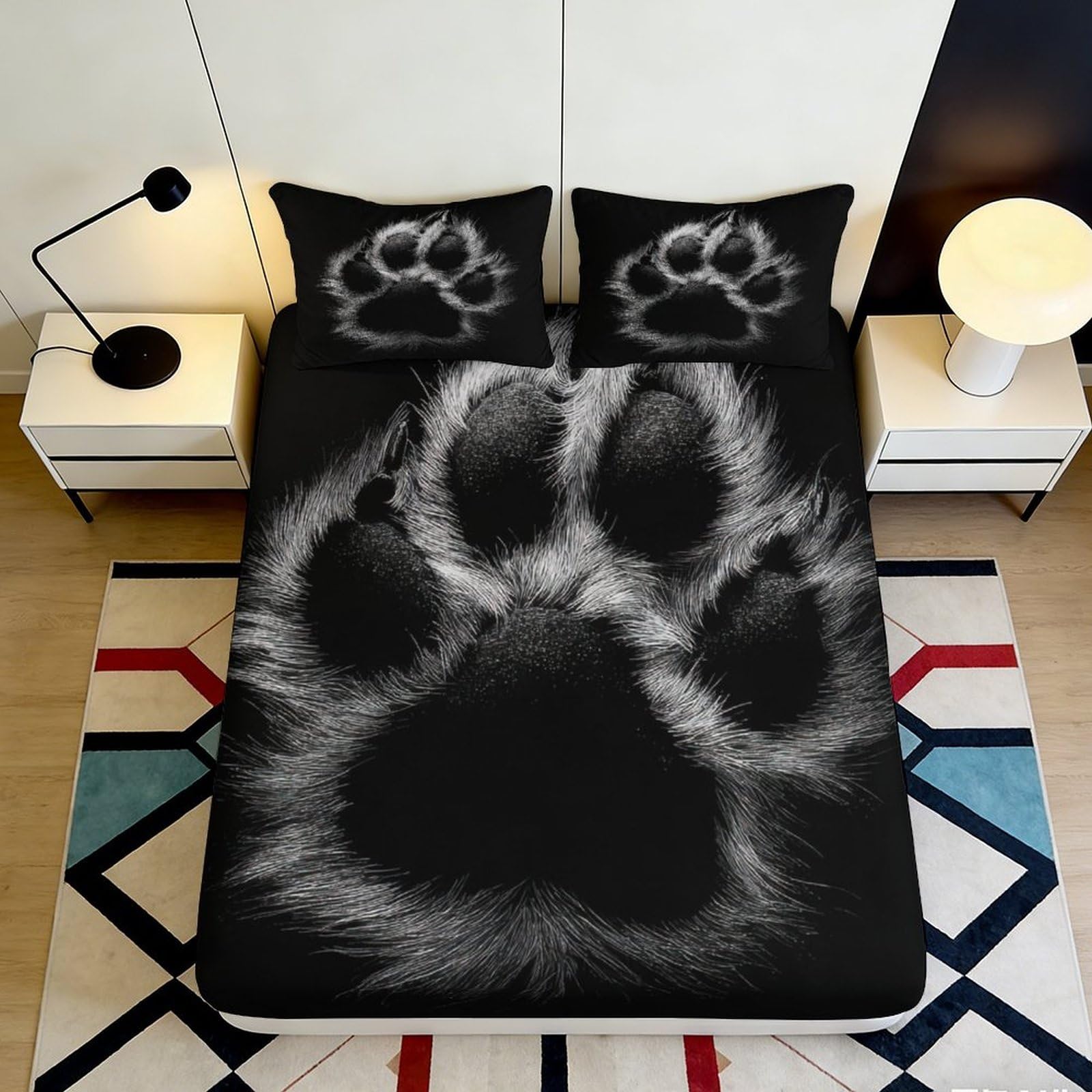 3D Printed Wolf Paw Fitted Sheet Microfiber Soft Black Animal Claw Bed Cover for Bedroom Dorm Room Decoration 90x200x25cm