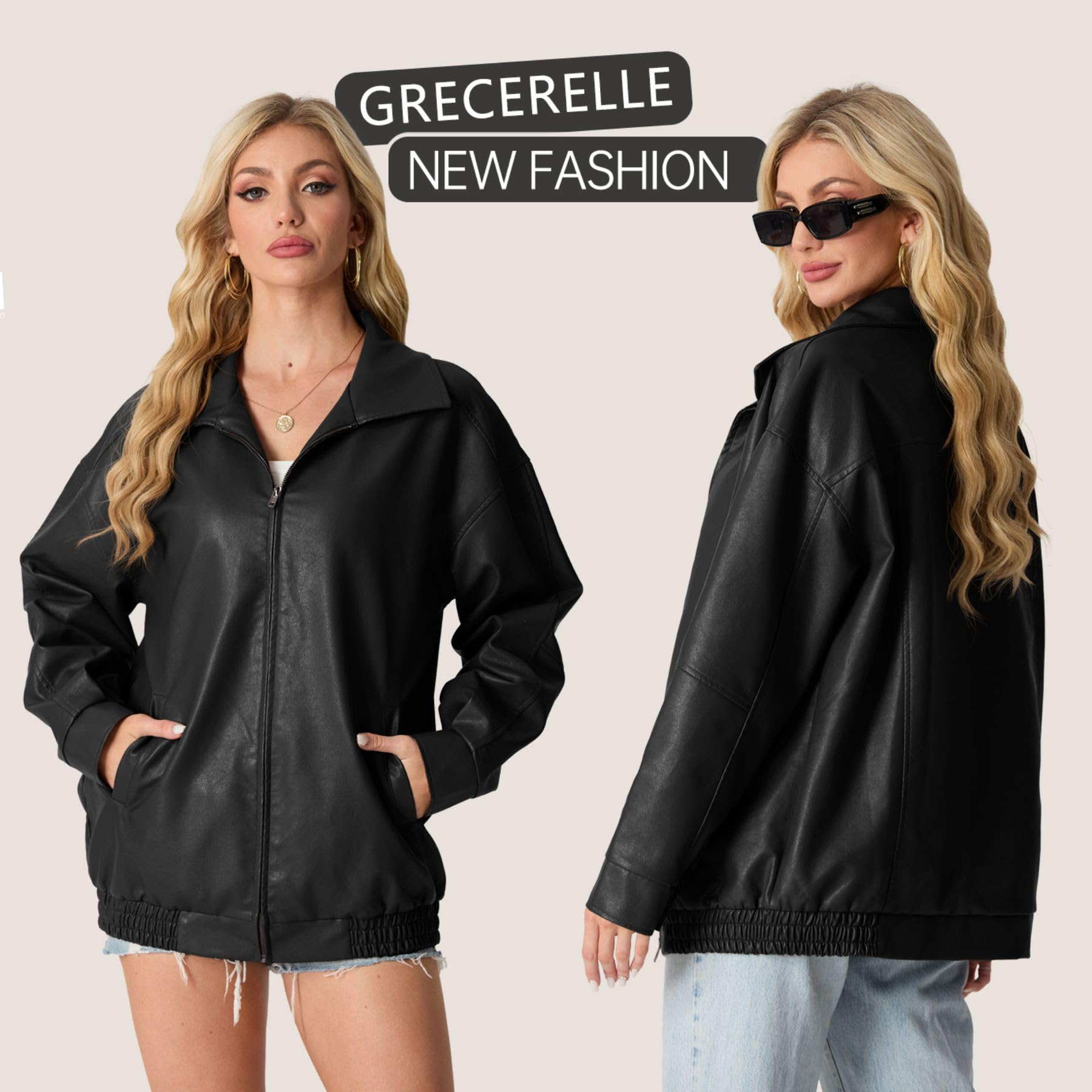 GRECERELLE Giacca in ecopelle da donna con tasche con cerniera giacche da donna a maniche lunghe con cerniera giacca da moto bomber cappotto da donna
