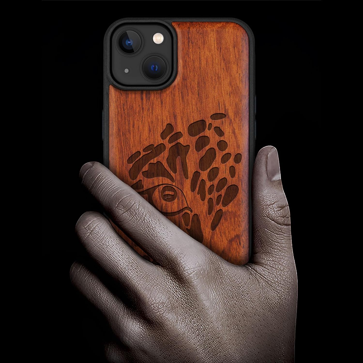 Carveit Magnetic Wood Case for iPhone 14 Plus - Natural Wood & Black Soft TPU - Shockproof Protective Cover - Unique & Classy Wooden Case - Compatible with MagSafe (Fierce Gaze Tiger -Rosy)