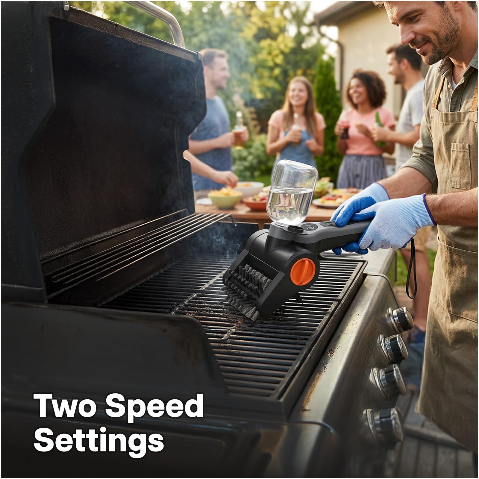 Elektryczna Szczotka do Grilla z Zbiornikiem Wody 300ml firmy MMOBIEL – Bezprzewodowy Środek do Czyszczenia BBQ z 2 Prędkości, Silnik 100W, Ładowanie USB-C, Ergonomiczny Uchwyt, Etui i Rękawice