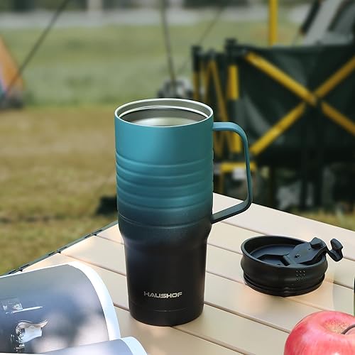 Miniatura 20 de HAUSHOF Taza de viaje de 24 onzas con asa, taza de café aislada al vacío de acero inoxidable, tazas de viaje de doble pared con tapa a prueba