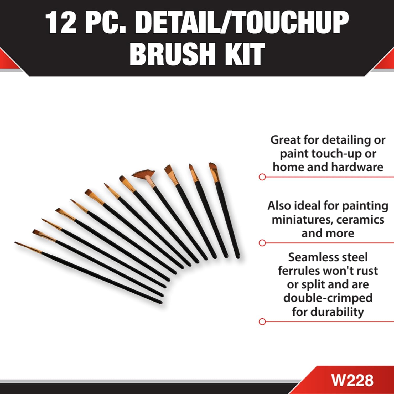 Performance Tool W228 12-Piece Paint Brush Set with Nylon Bristles and Wooden Handles - Ideal for Automotive Detail, Home, and Art Projects