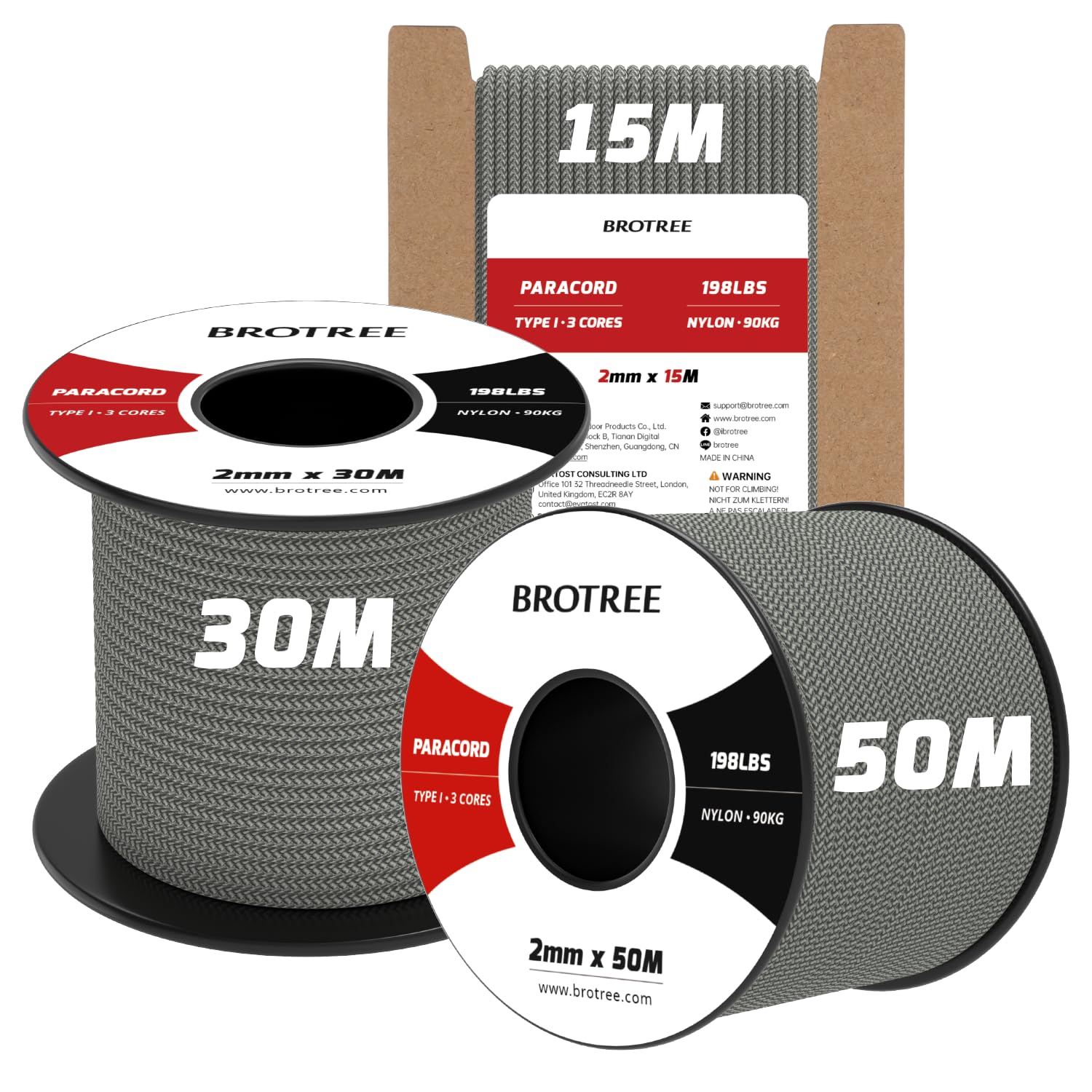 Brotree 2mm Paracord 3 Strands 50M 100% Nylon Rope Parachute Cord for Outdoor, Craft, DIY - 90kg Breaking Load (Charcoal Grey)