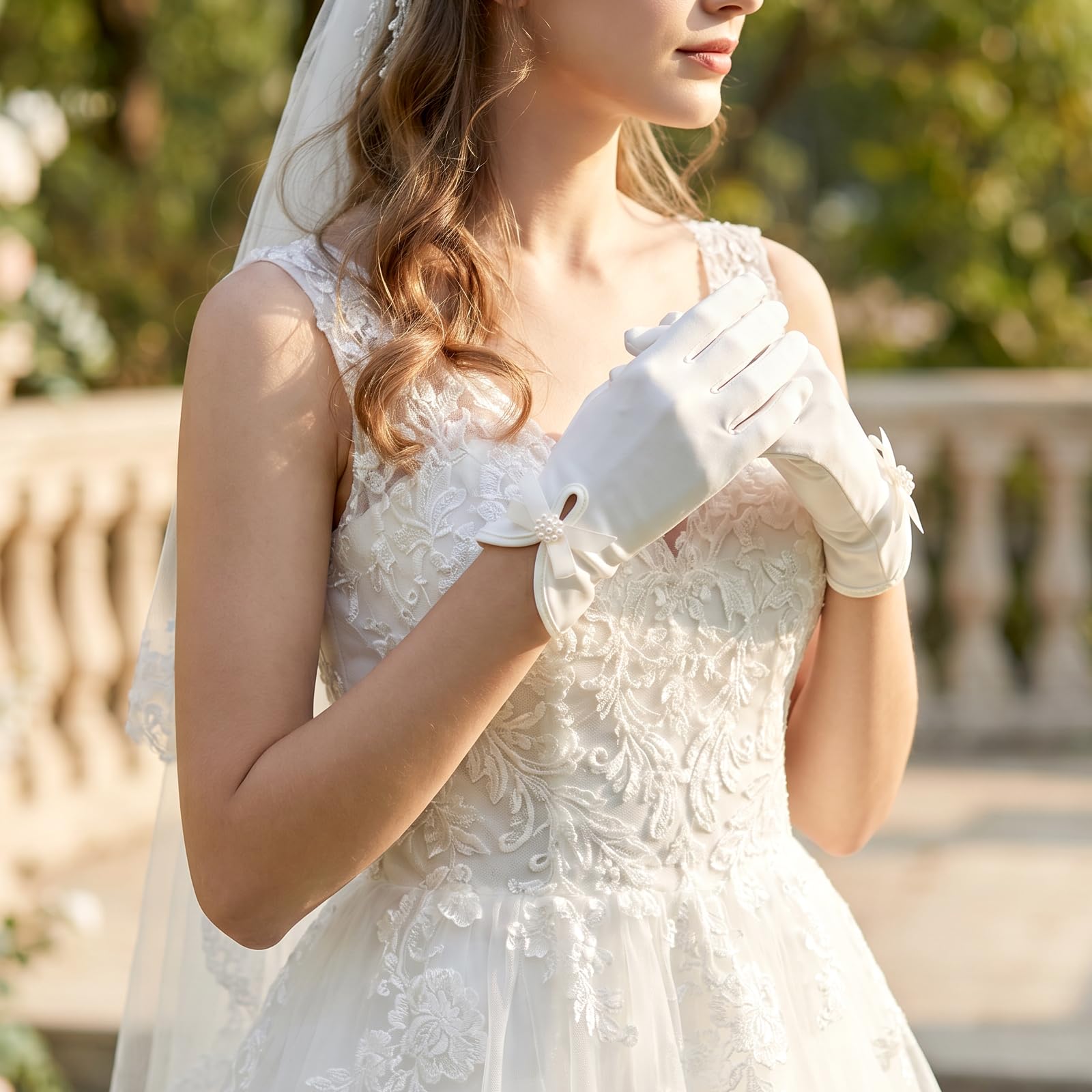 Guanti da Donna in Raso Guanti da Sposa Bianchi da Sposa con Guanti da Polso con Fiocco Guanti da Abito Vintage Accessori per Costumi da Ballo di Fine Anno