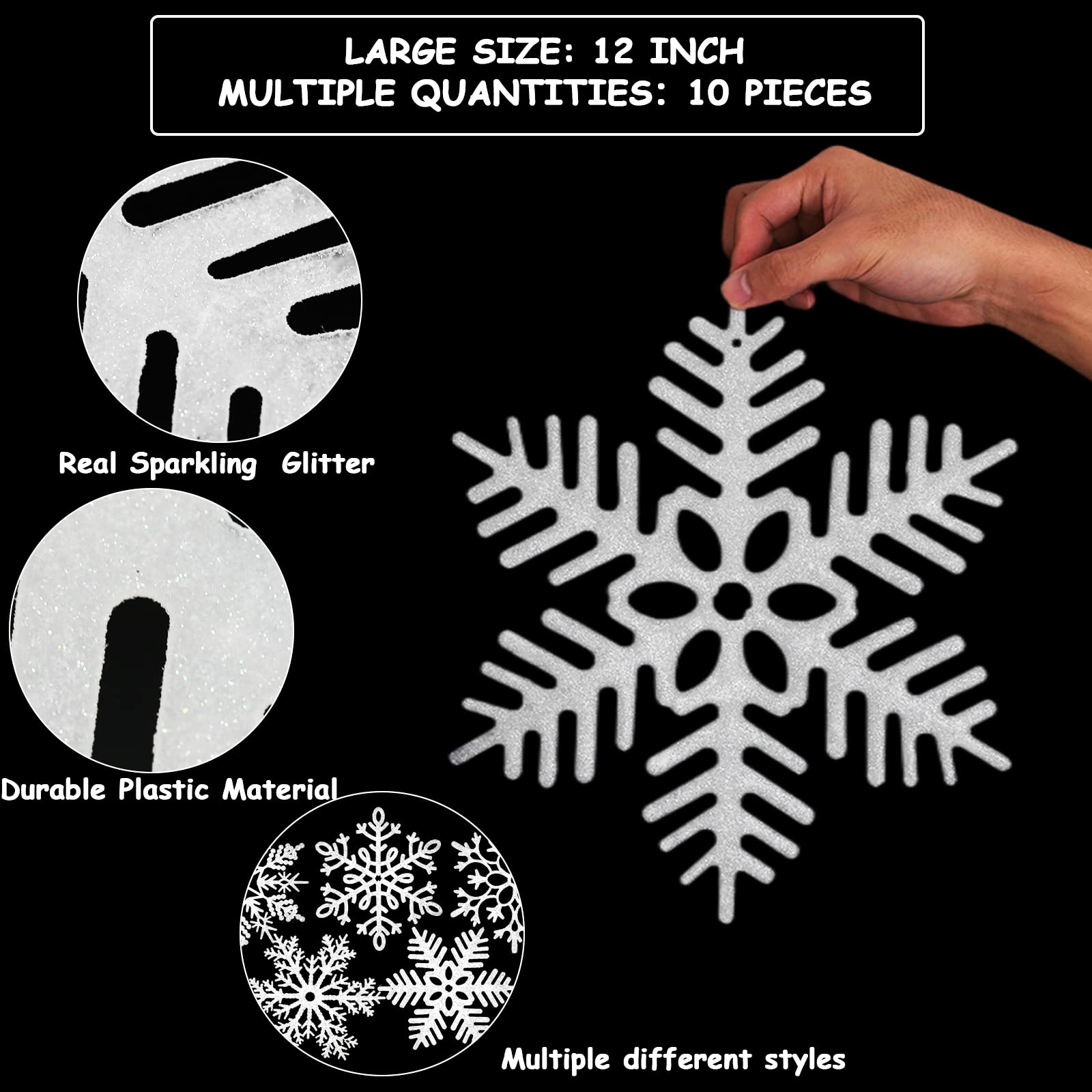 10 adornos de Navidad grandes de copos de nieve blancos de 12 pulgadas para exteriores, copos de nieve gigantes de plástico con purpurina, adornos colgantes de Navidad, vacaciones, invierno,
