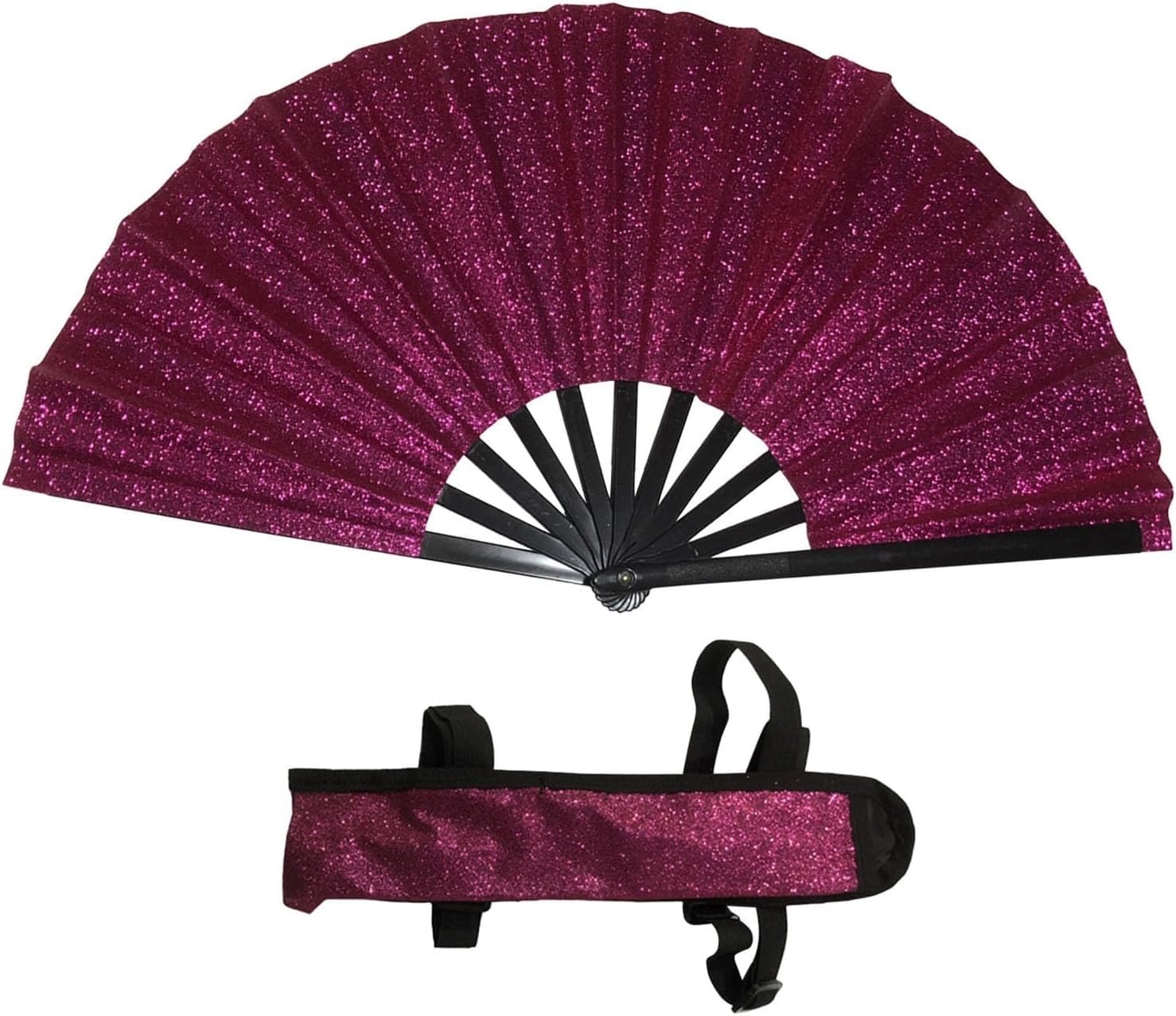 Ventaglio grande da 33 cm con glitter, pieghevole, con fondina, per