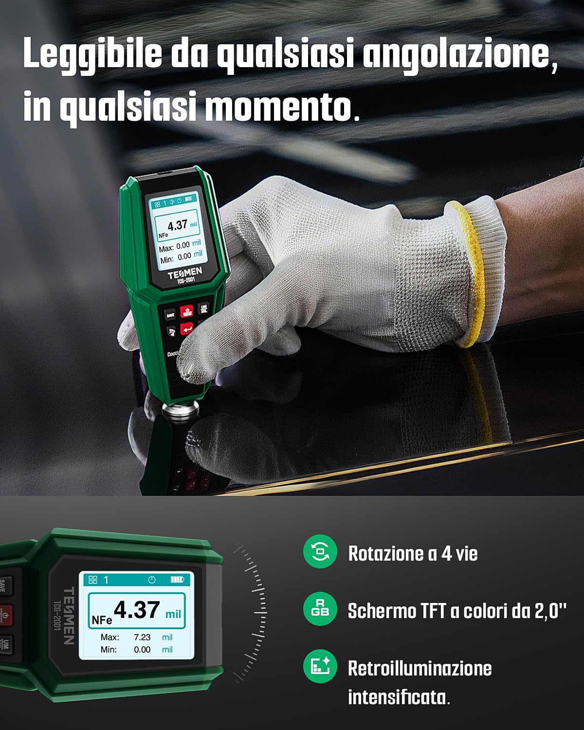 TESMEN TCG-2001 Spessimetro per Vernice Auto, Misuratore Digitale con Grafico a Barre, Schermo a Colori Retroilluminato 4 Vie, Allarme di Soglia, Sonda Fe/NFe – Verde