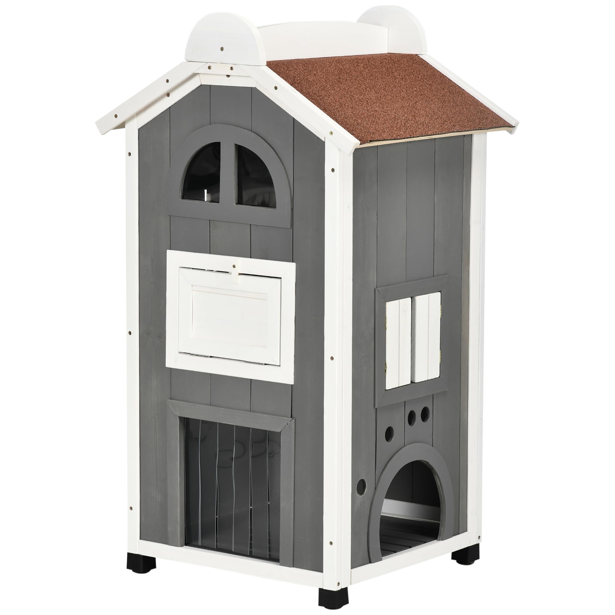 PawHut Casa para Gatos de Madera 59x55x109 cm Caseta para Gatos de 3 Niveles Refugio para Gatos con Techo Asfáltico Plataformas y Escalera para Exterior Gris