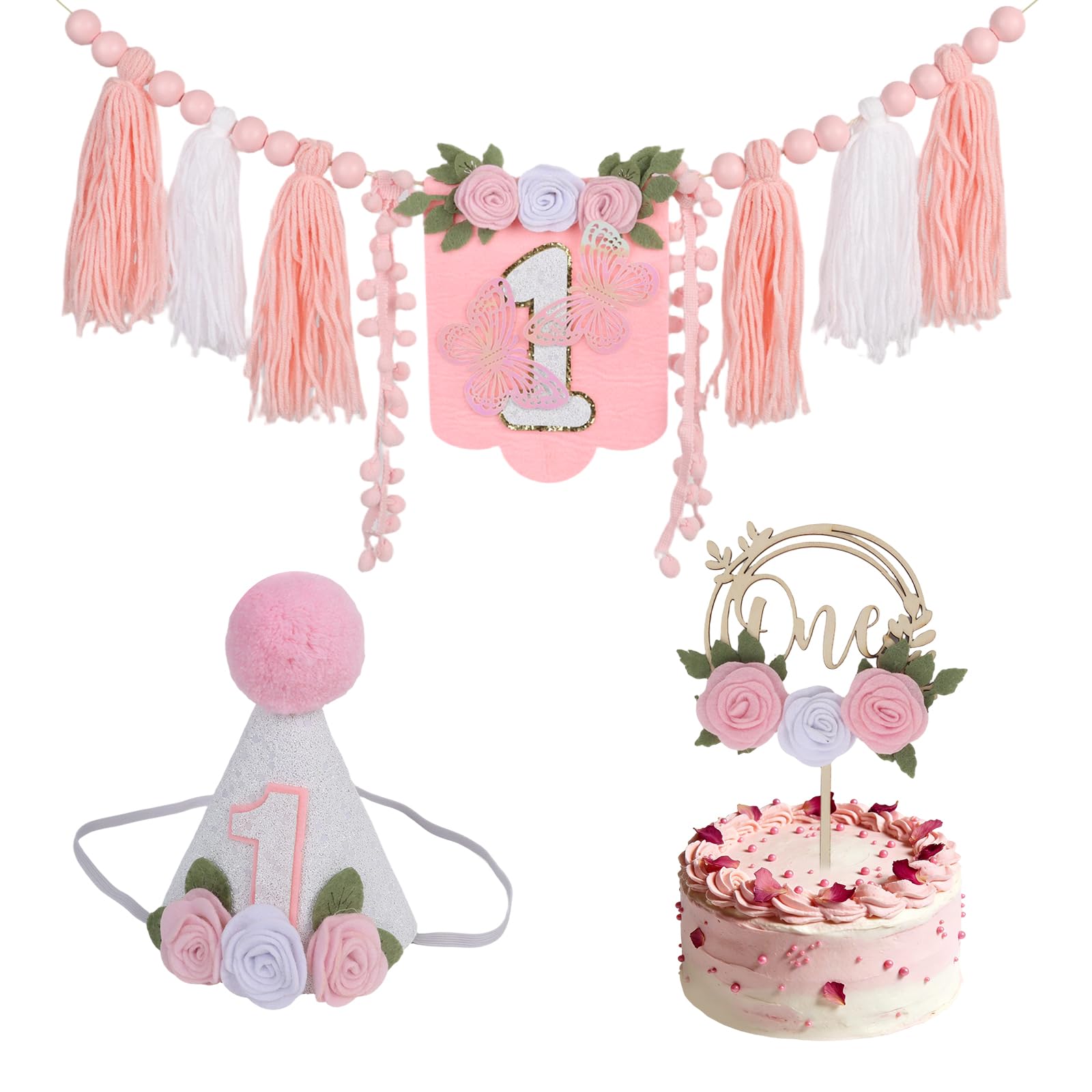 1st Birthday Banner Girl, Pink One High Chair Banner with 1st Hat Cake Topper for First Birthday Highchair Decorations Girls — image 1