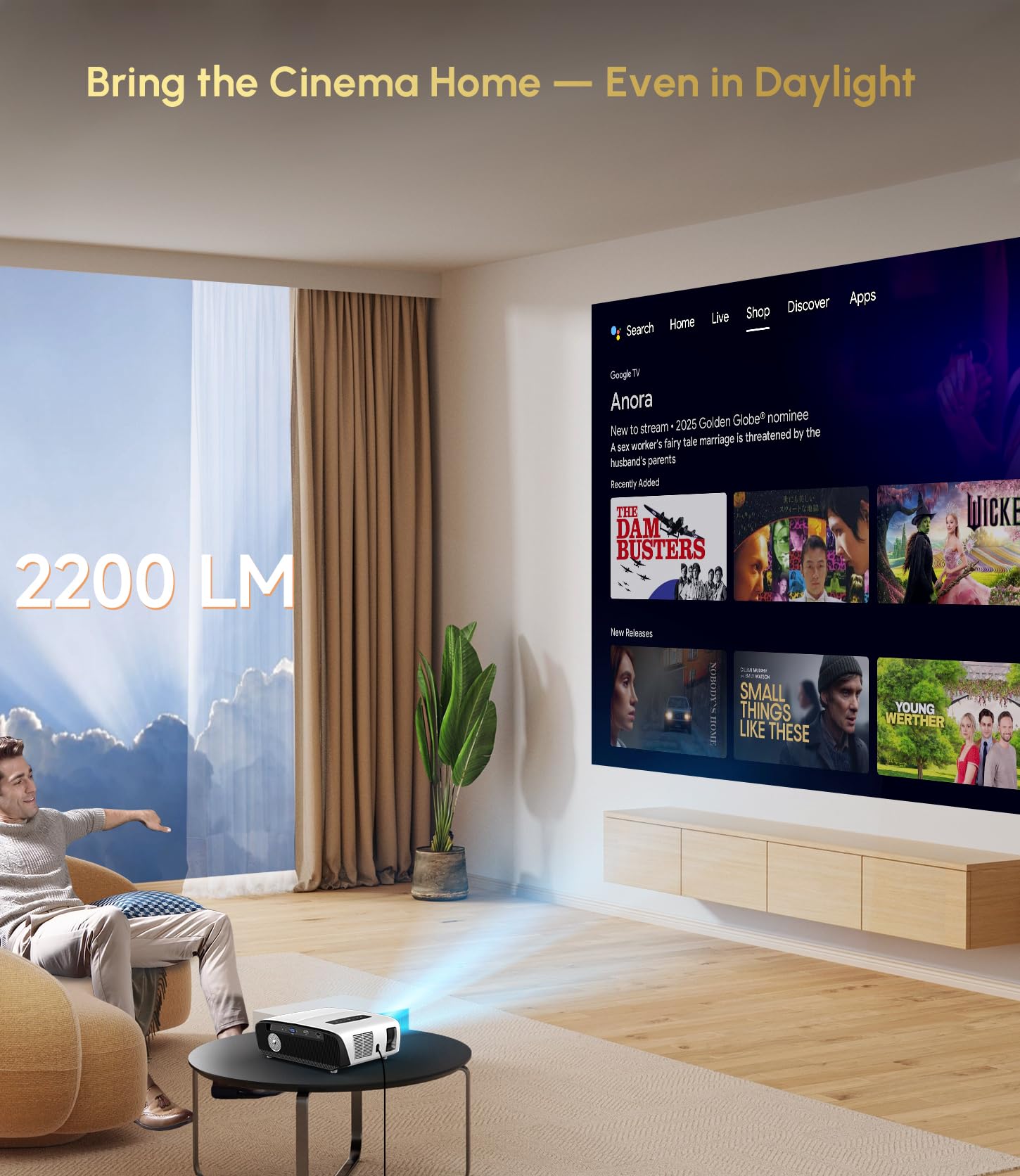 Ultra HD 4K Google TV Projector 2200 ANSI High-Bright Home Theater Projector Outdoor, ToF+CMOS Laser Auto Focus, WiFi6 Bluetooth, Shorter Throw, Dolby Audio, 30W Speaker, NFC Screencast