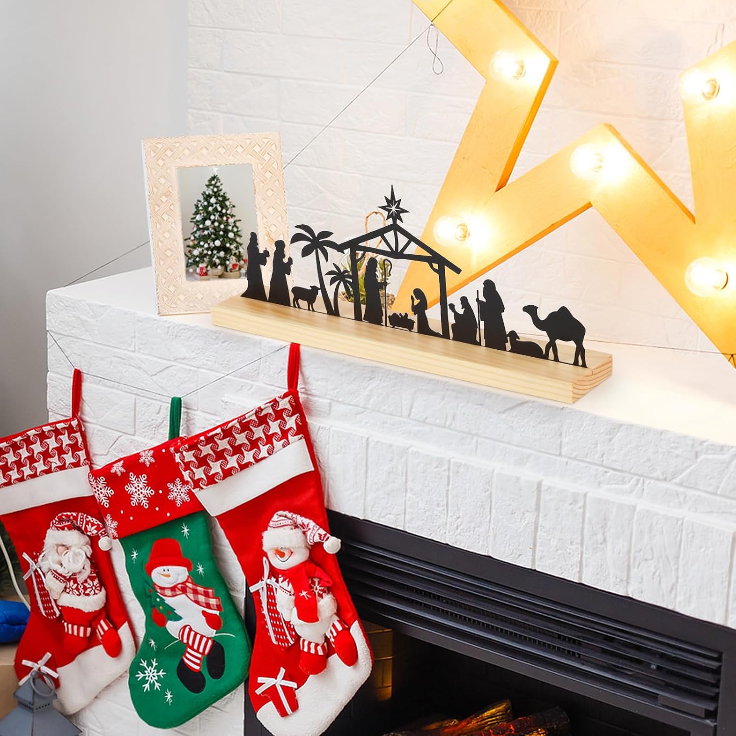 Nativity Set- Christmas Indoor Decor Christmas Nativity Scene with Wooden Base for Xmas Decorations Xmas Home Tabletop Fireplace Office Decorations 13 x 2.4 x 5.3 Inches, Black