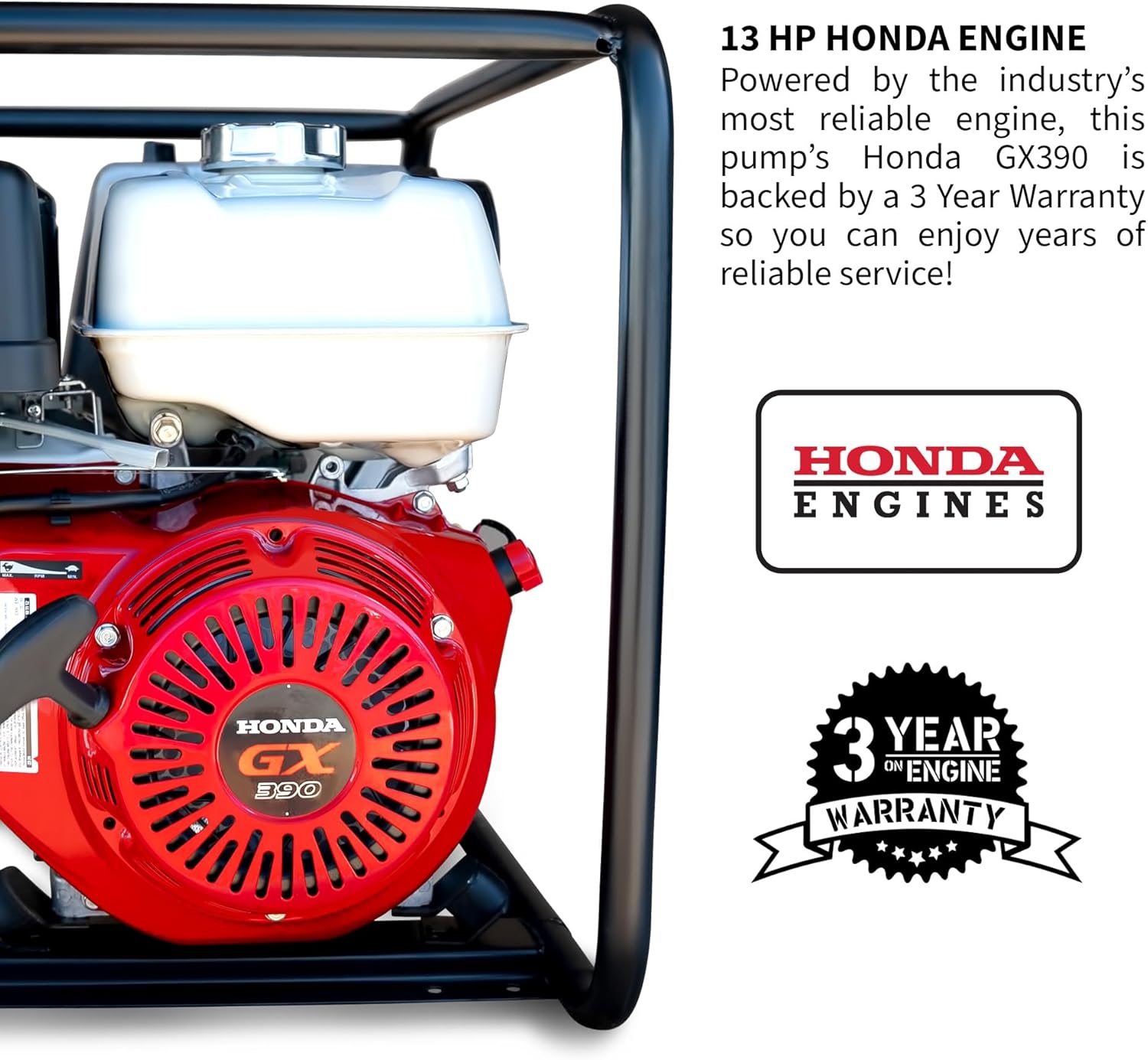 Tomahawk Power 8 HP 3" Industrial Duty Full Trash Water Pump Powered by Honda Portable Utility, Red