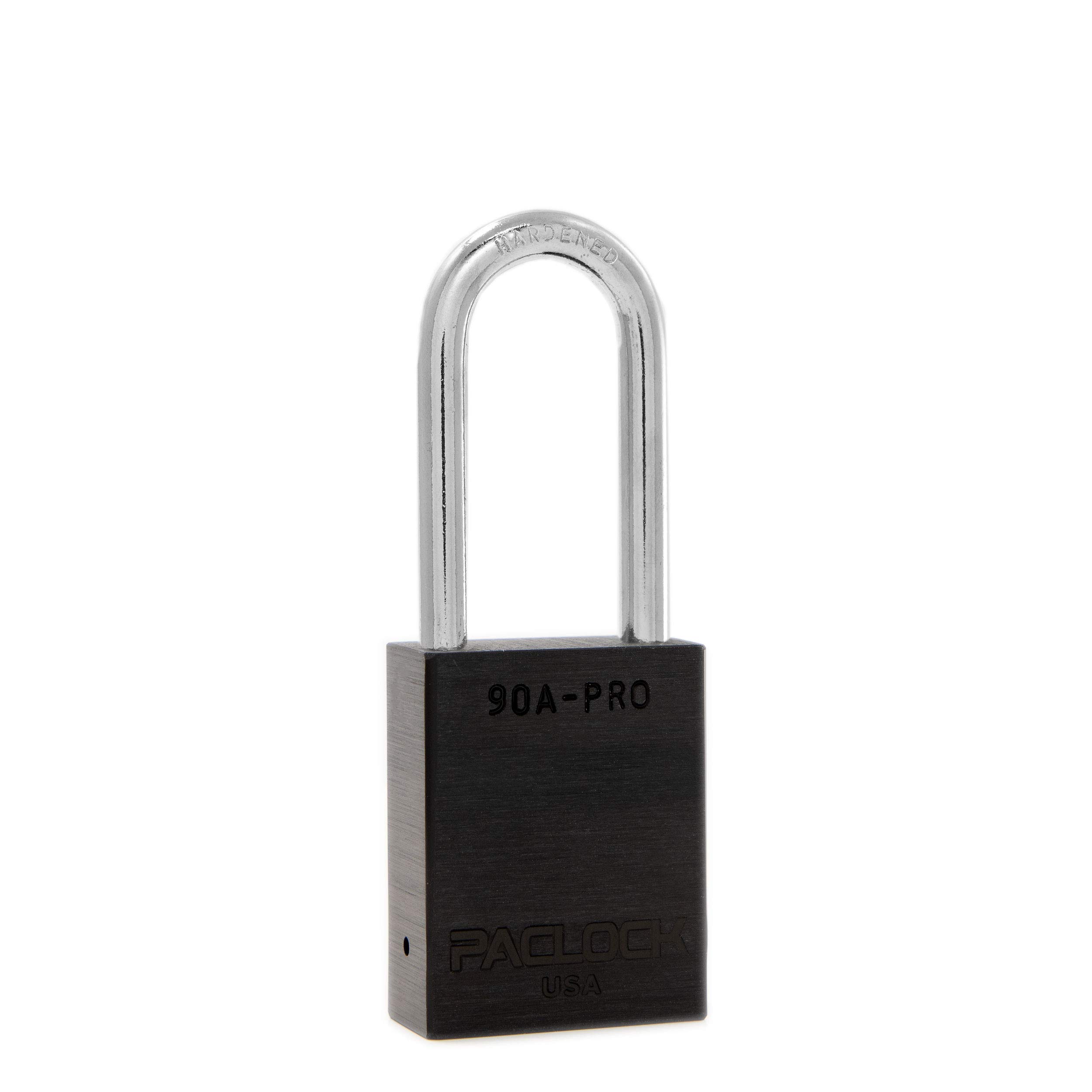 PACLOCK's 90A-PRO Padlock, 1/4" Diameter Hard. Steel Shackle, 2" Tall, High Performance 7-Pin Cylinder w/ 1 Key, Keyed Alike, Black