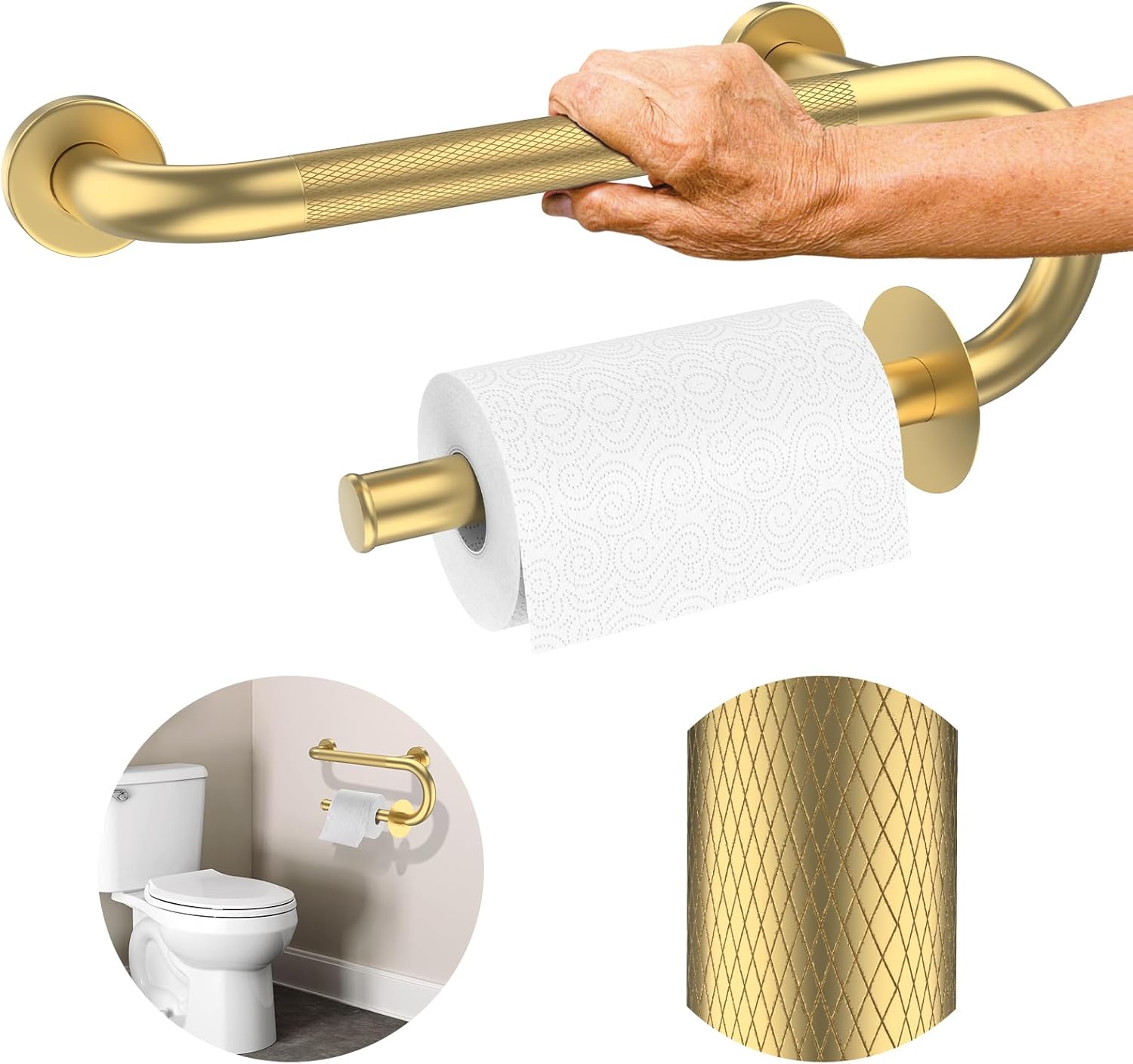 𝐔𝐩𝐠𝐫𝐚𝐝𝐞𝐝 Toilet Grab Bars 16 Inch - Toilet Paper Holder Grab Bar Stainless Steel Knurled Toilet Grab Bars for Seniors Bathtub Bathroom Rails for Elderly Bath Safety Balance Support, Gold