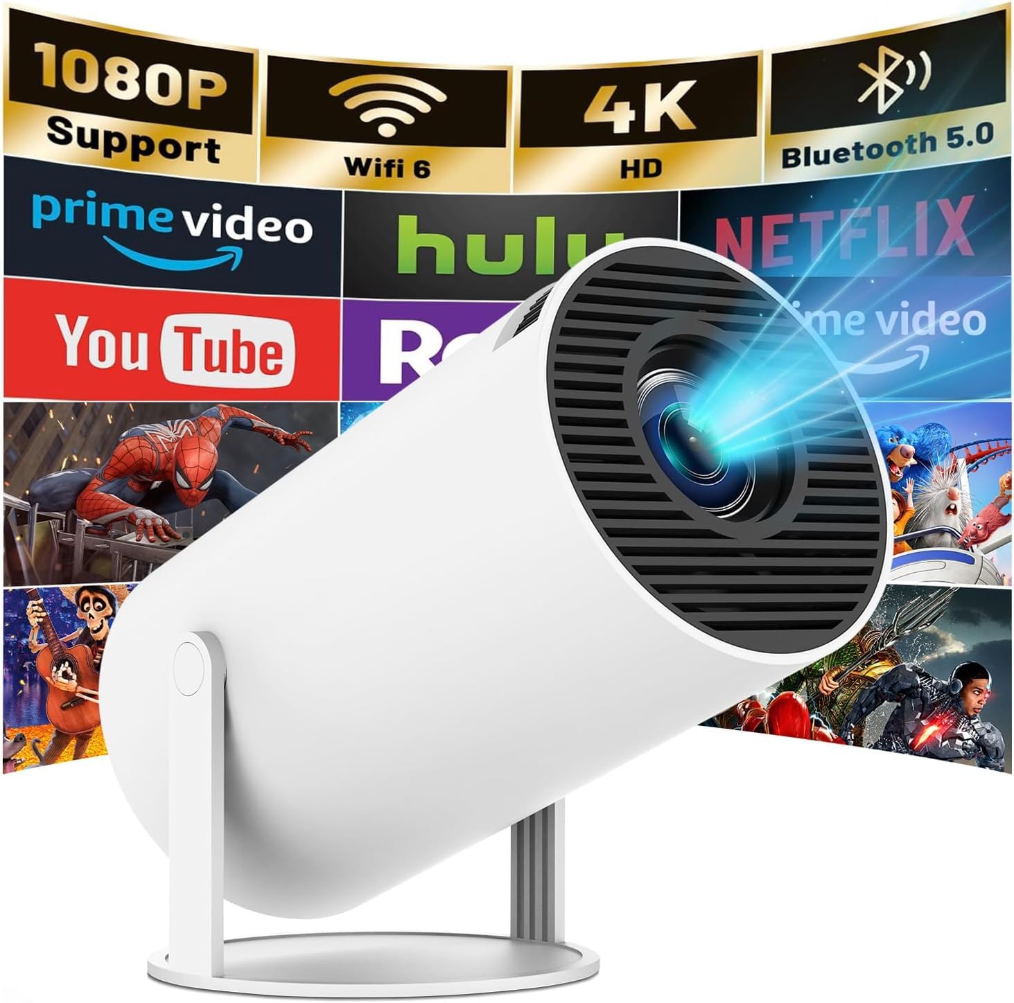 Mini Projector, HY300 PRO Portable Projector, Support 4K 1080P with Dual-Band WIFI6 5G Wireless 5.0 Bluetooth Android 11, 180° Rotatable, Auto Keystone Correction, 35"-130" Screen Video Projector-image-49