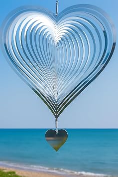 3D Stainless Steel Wind Spinner 11.8" Hanging Garden Wind Spinner for Outdoor & Indoor Decor | Kinetic Metal Yard Art for Patio, Balcony, Porch or Living Room - Easy Installation Heart
