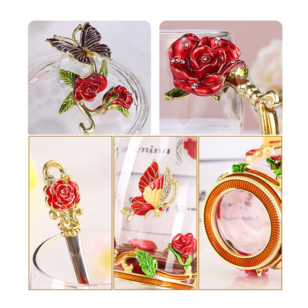 XuanMax Blu Rose Fiori Tazzine da Caffè in Smalto Farfalla Bicchiere di Cristallo Tazza da Tè Fatti a Mano Senza Piombo Tazze di Vetro Trasparente Boccale da Colazione Regali - Corto
