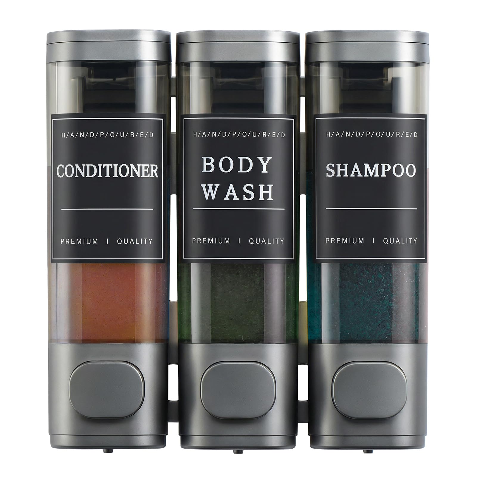 Dispenser per shampoo e balsamo, dispenser di sapone da doccia a 3 camere, senza trapano, dispenser per shampoo a parete per doccia, per bagno e hotel, grande capacità, grigio scuro